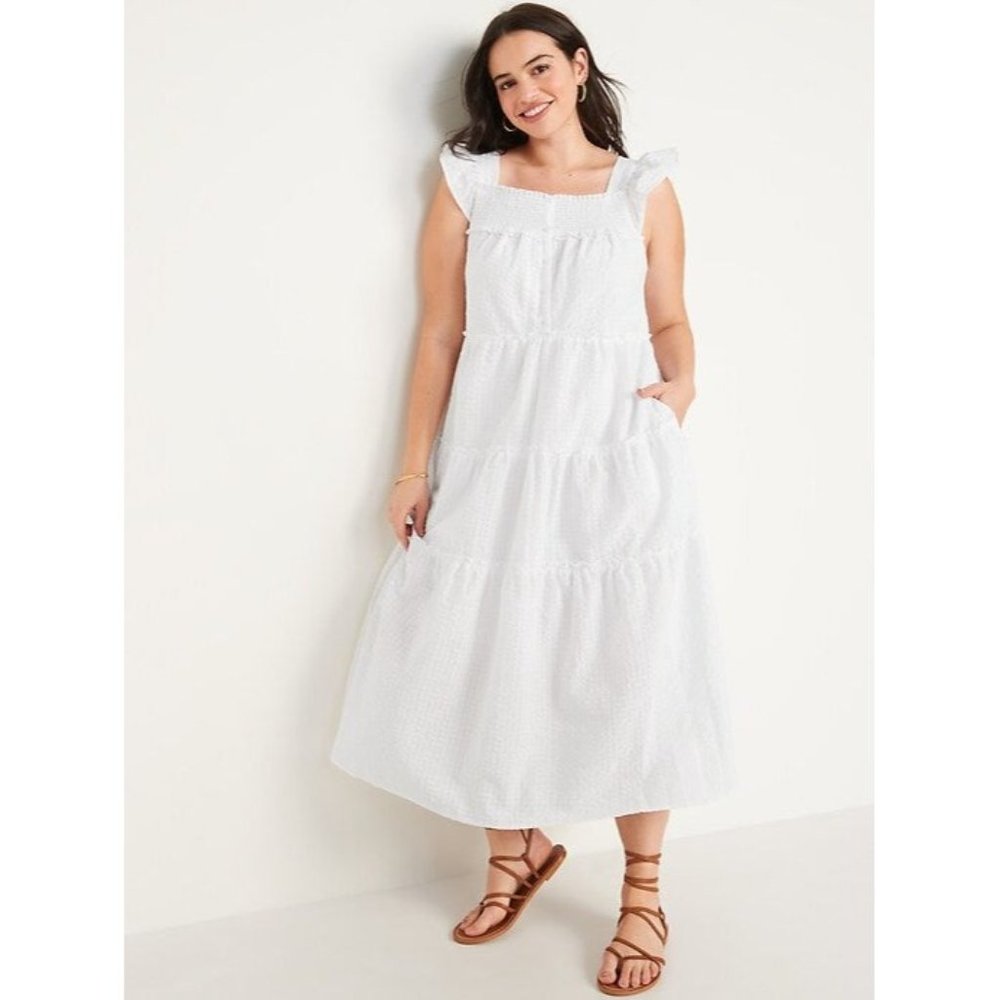 Old Navy White Tiered Smocked Midi Dress M